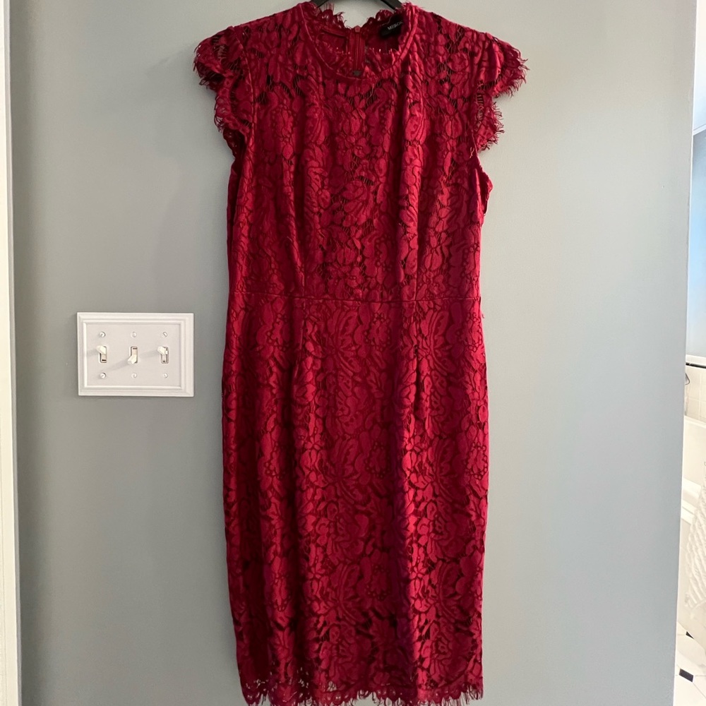Deep red lace midi cocktail dress